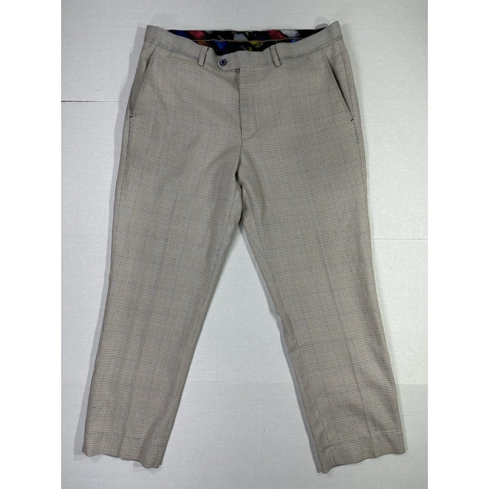 Cavani Men's Dress Pants 36R Gray Check Slim Fit Trousers EU 52R Polyester Blend